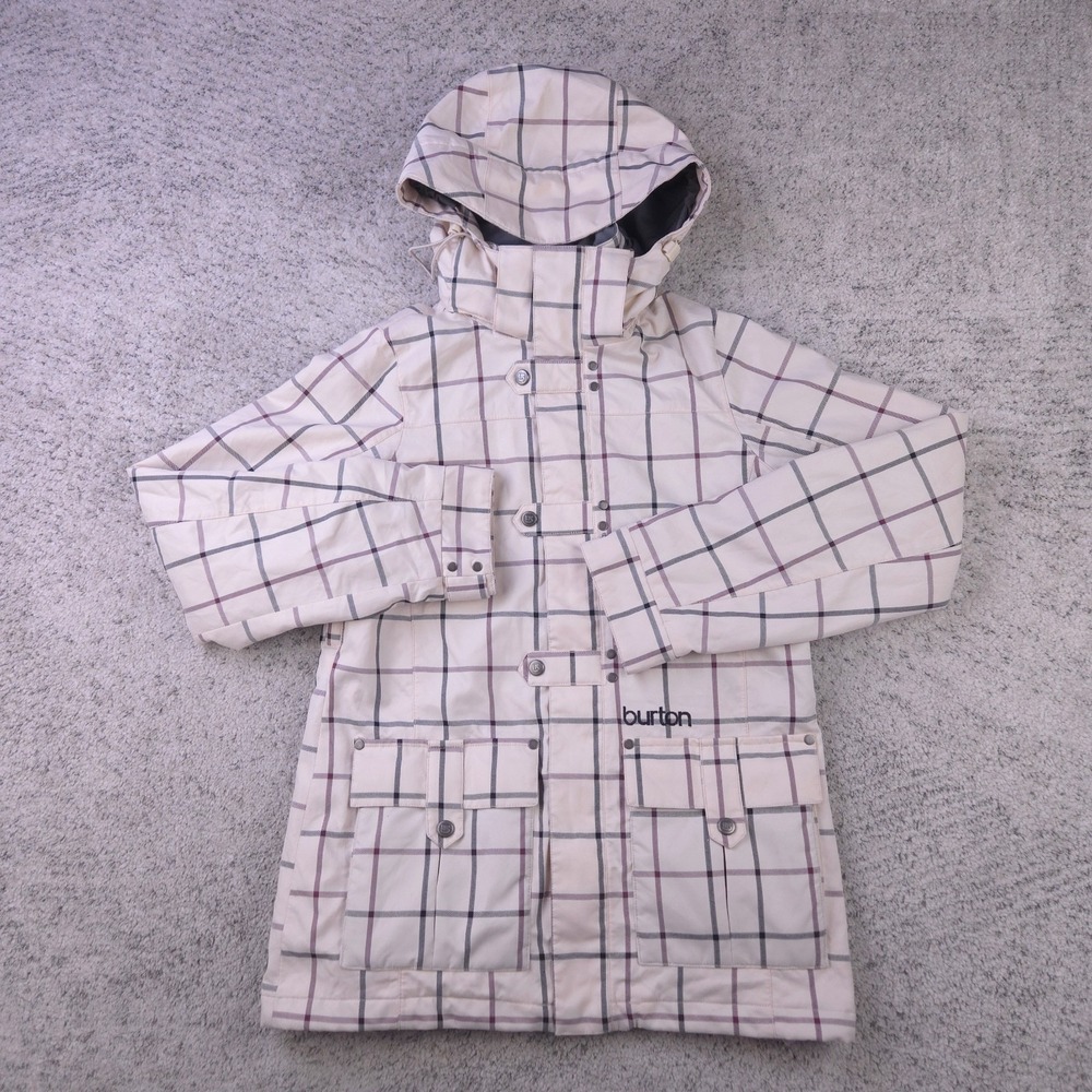 Burton Snowboard Jacket Womens XS Chopper Hooded Plaid Snowboarding Ski Beige